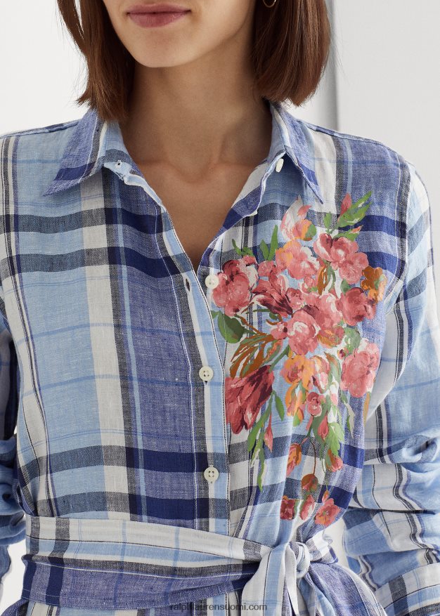 Ralph Lauren naiset kukka- ja ruudullinen pellavapaitamekko 0Z24ZR4455 sinivalkoinen