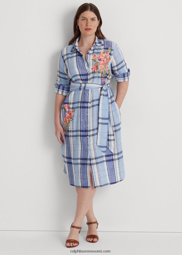 Ralph Lauren naiset kukka- ja ruudullinen pellavapaitamekko 0Z24ZR4648 sinivalkoinen