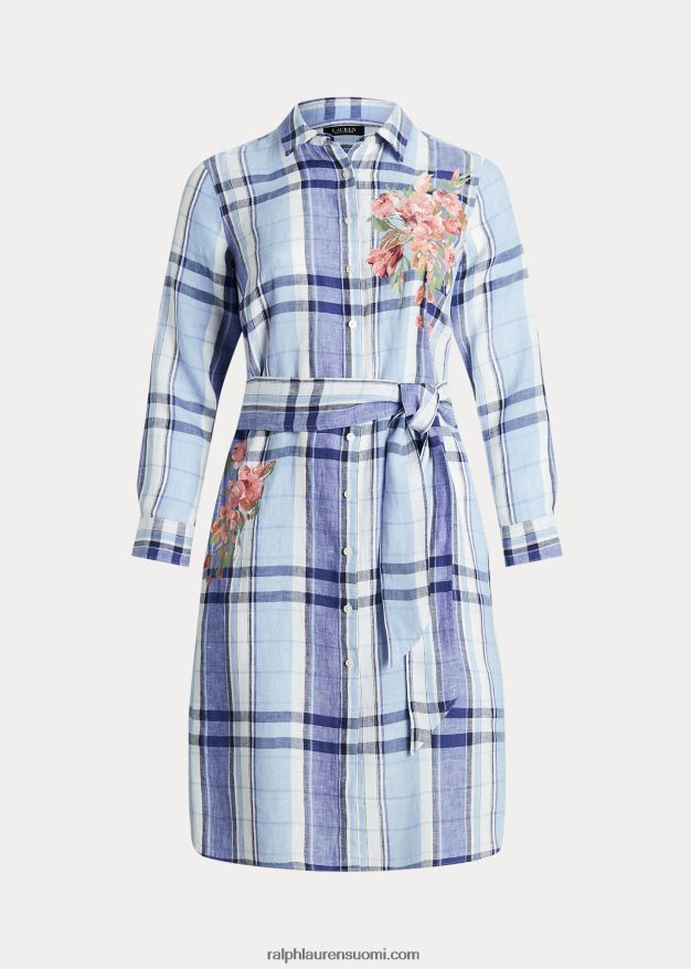 Ralph Lauren naiset kukka- ja ruudullinen pellavapaitamekko 0Z24ZR4648 sinivalkoinen