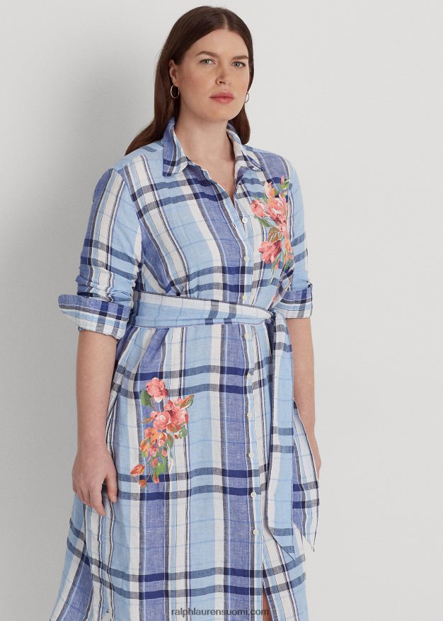 Ralph Lauren naiset kukka- ja ruudullinen pellavapaitamekko 0Z24ZR4648 sinivalkoinen