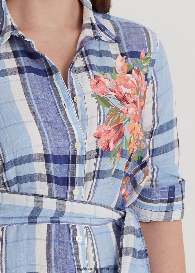 Ralph Lauren naiset kukka- ja ruudullinen pellavapaitamekko 0Z24ZR4648 sinivalkoinen