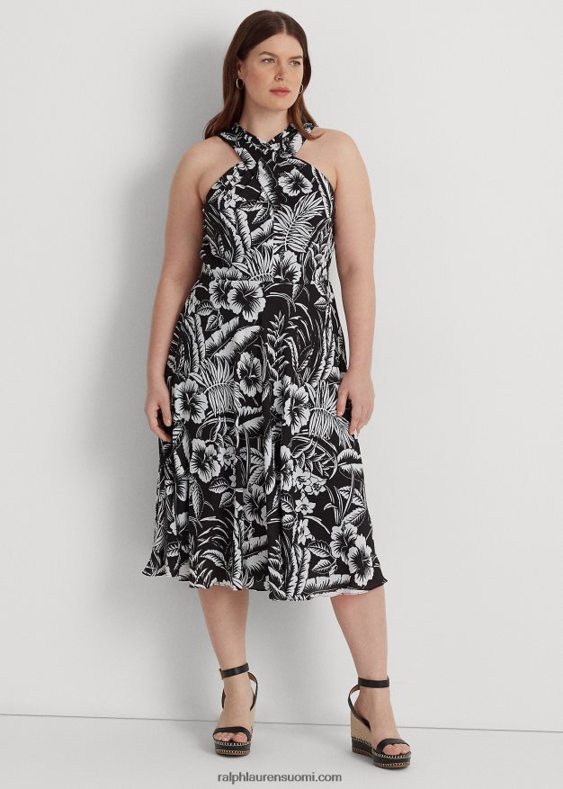 Ralph Lauren naiset kukkainen Georgette riimumekko 0Z24ZR4577 musta valkoinen