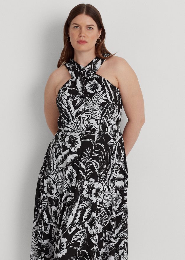 Ralph Lauren naiset kukkainen Georgette riimumekko 0Z24ZR4577 musta valkoinen