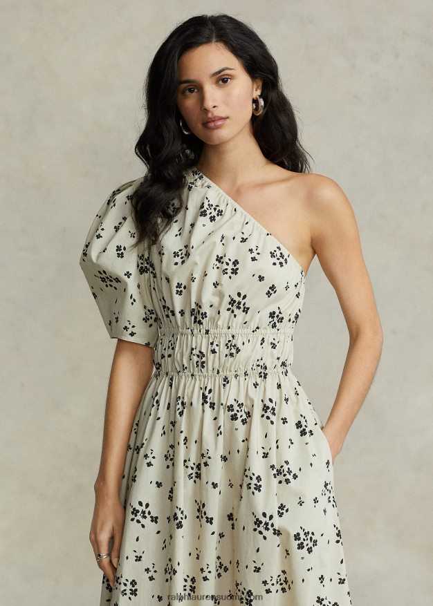 Ralph Lauren naiset kukkainen epäsymmetrinen rypytetty popliinimekko 0Z24ZR2998 rusketus/musta