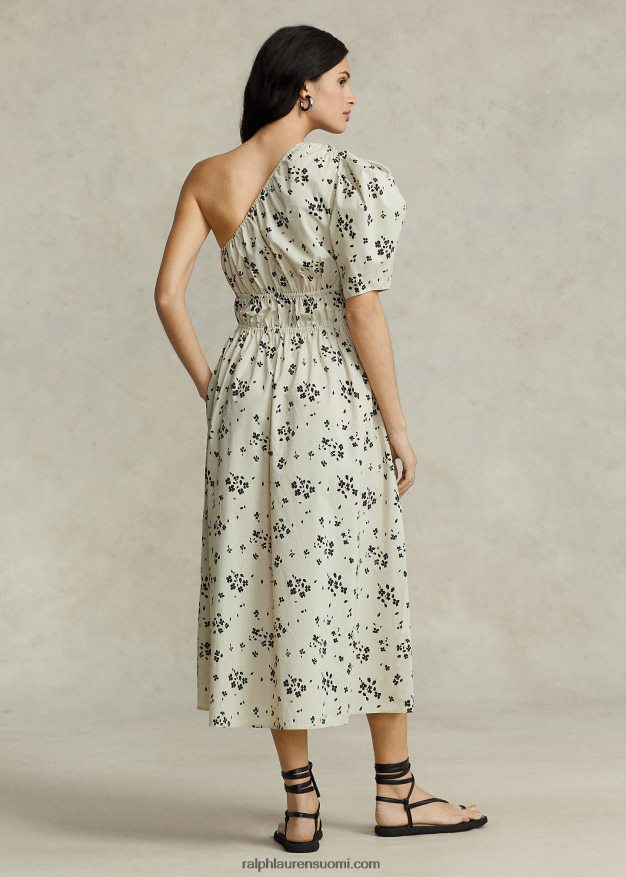 Ralph Lauren naiset kukkainen epäsymmetrinen rypytetty popliinimekko 0Z24ZR2998 rusketus/musta