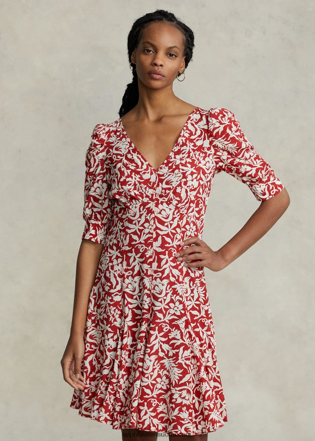 Ralph Lauren naiset kukkainen lampaanhihainen godet kreppimekko 0Z24ZR9206 kevät lilja kukkainen