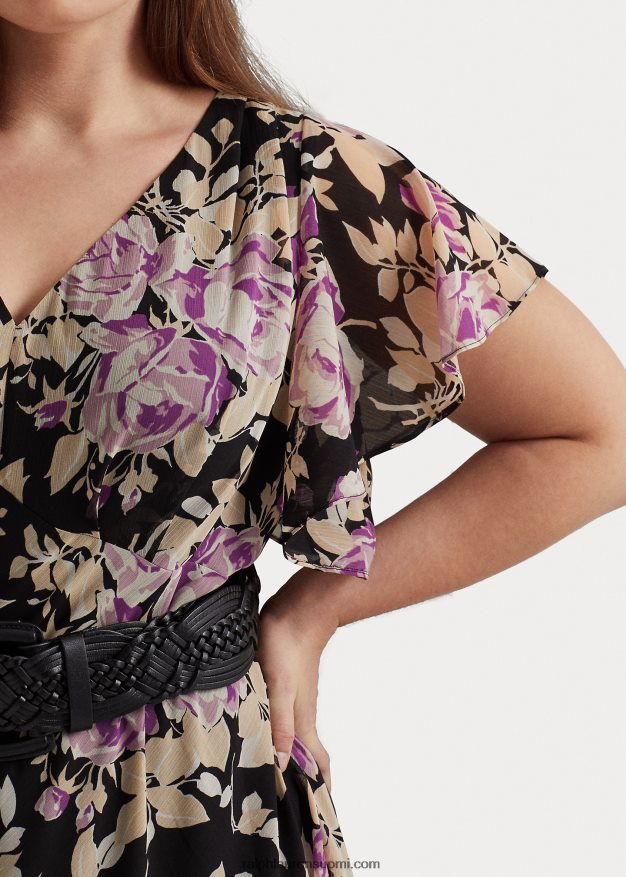 Ralph Lauren naiset kukkainen ryppyinen Georgette-mekko 0Z24ZR4776 musta/laventeli/kerma