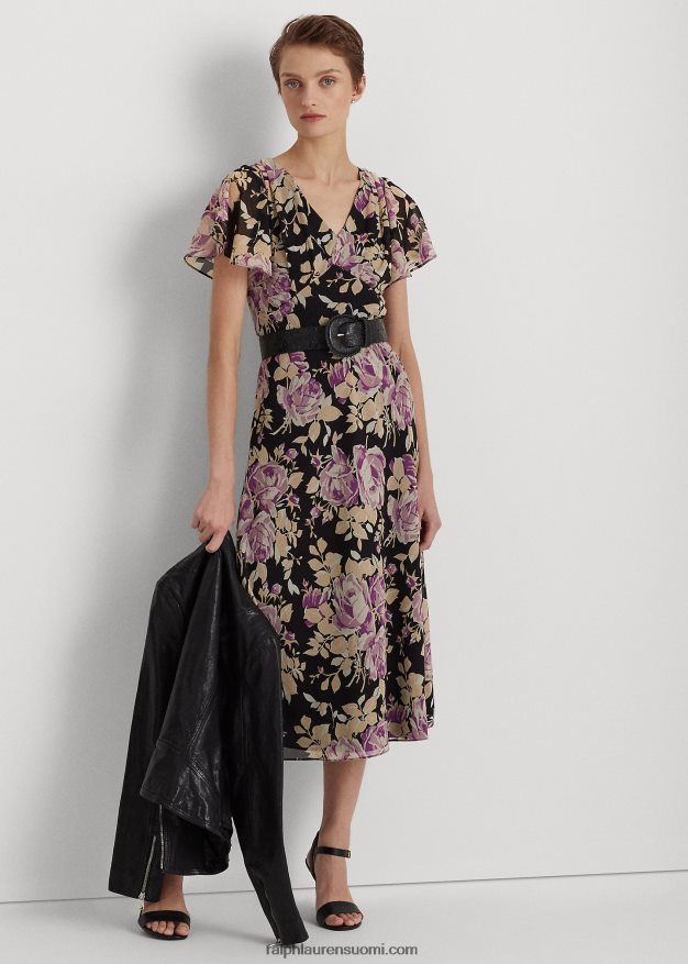 Ralph Lauren naiset kukkainen ryppyinen Georgette-mekko 0Z24ZR4872 musta/laventeli/kerma