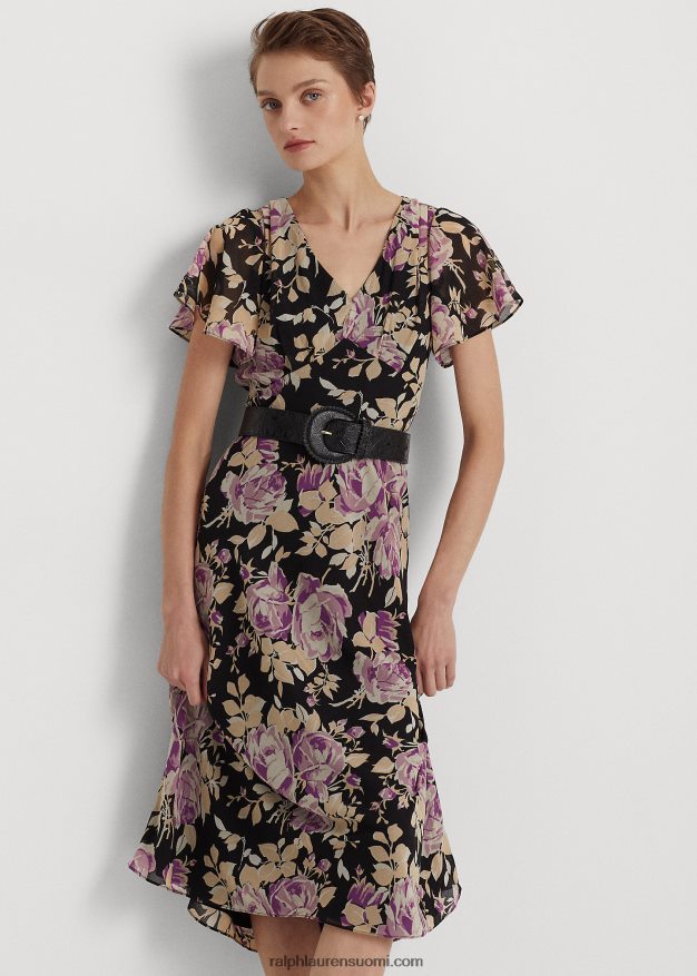 Ralph Lauren naiset kukkainen ryppyinen Georgette-mekko 0Z24ZR4872 musta/laventeli/kerma