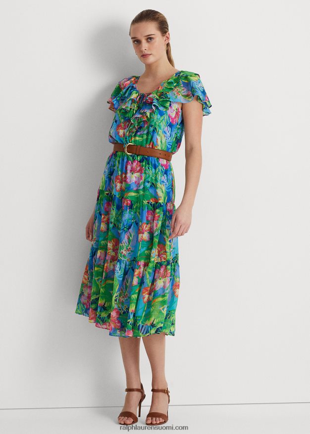 Ralph Lauren naiset kukkainen ryppyinen georgette-porrasmekko 0Z24ZR3928 vihreä/sininen multi
