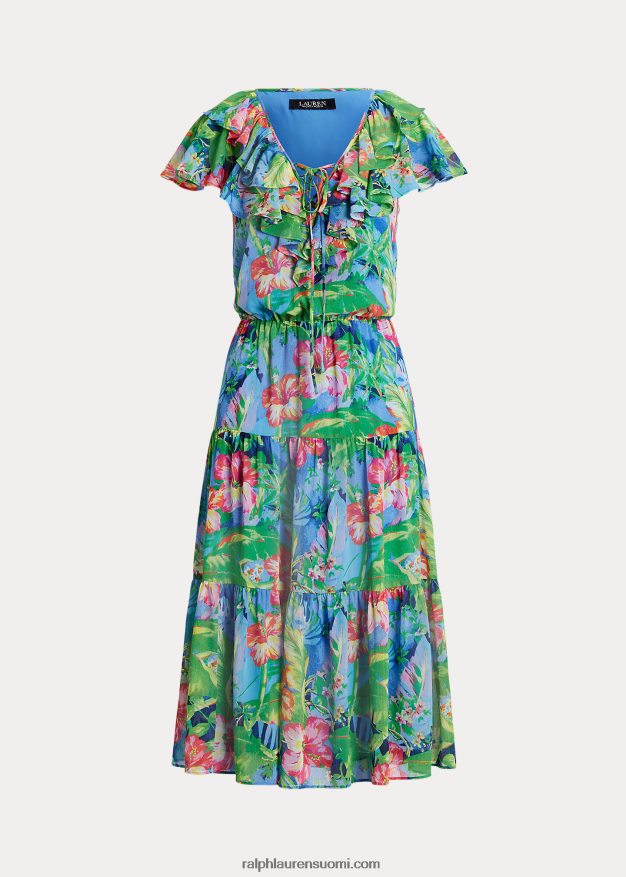 Ralph Lauren naiset kukkainen ryppyinen georgette-porrasmekko 0Z24ZR3928 vihreä/sininen multi