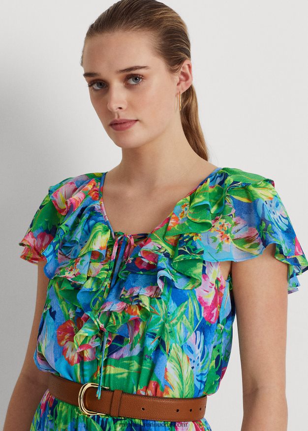 Ralph Lauren naiset kukkainen ryppyinen georgette-porrasmekko 0Z24ZR4339 vihreä/sininen multi