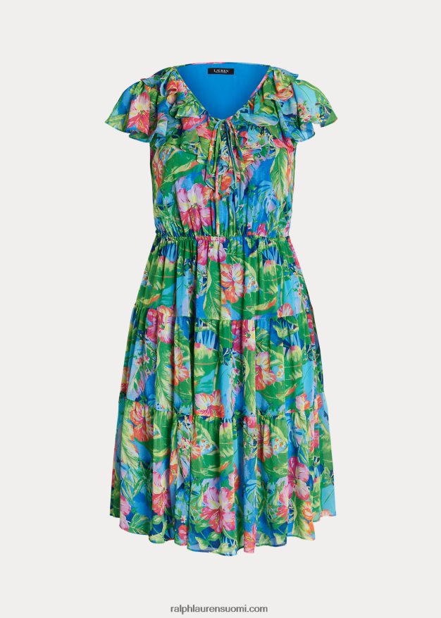 Ralph Lauren naiset kukkainen ryppyinen georgette-porrasmekko 0Z24ZR9482 vihreä/sininen multi