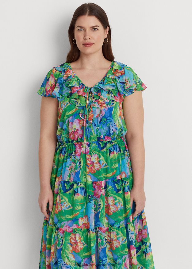 Ralph Lauren naiset kukkainen ryppyinen georgette-porrasmekko 0Z24ZR9482 vihreä/sininen multi