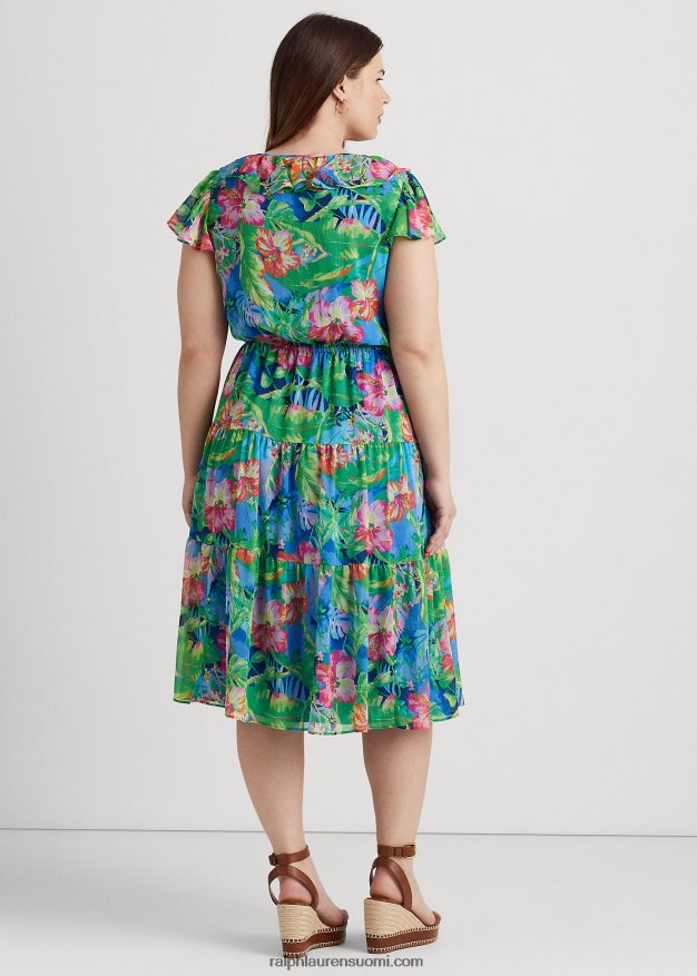 Ralph Lauren naiset kukkainen ryppyinen georgette-porrasmekko 0Z24ZR9482 vihreä/sininen multi