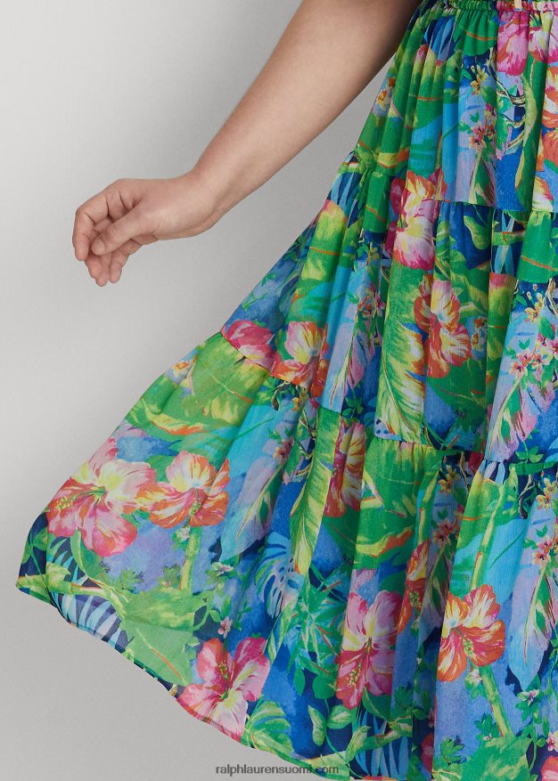 Ralph Lauren naiset kukkainen ryppyinen georgette-porrasmekko 0Z24ZR9482 vihreä/sininen multi