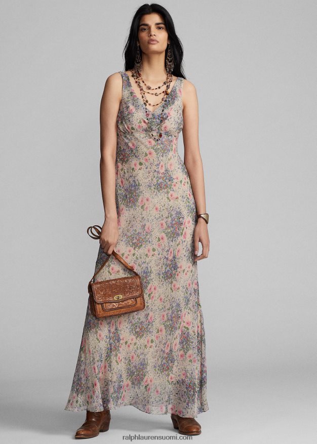 Ralph Lauren naiset kukkainen ryppyinen silkkisifonkimekko 0Z24ZR3651 moni/rusketus