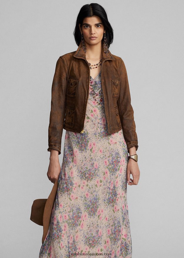 Ralph Lauren naiset kukkainen ryppyinen silkkisifonkimekko 0Z24ZR3651 moni/rusketus