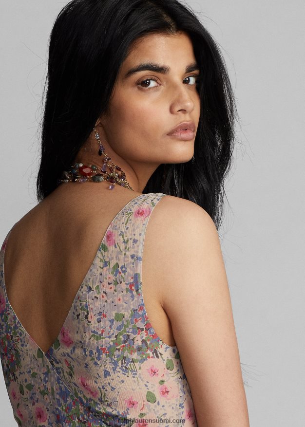 Ralph Lauren naiset kukkainen ryppyinen silkkisifonkimekko 0Z24ZR3651 moni/rusketus
