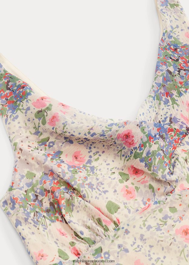 Ralph Lauren naiset kukkainen ryppyinen silkkisifonkimekko 0Z24ZR3651 moni/rusketus
