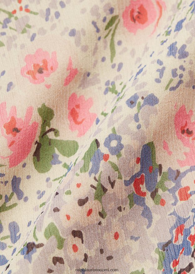 Ralph Lauren naiset kukkainen ryppyinen silkkisifonkimekko 0Z24ZR3651 moni/rusketus