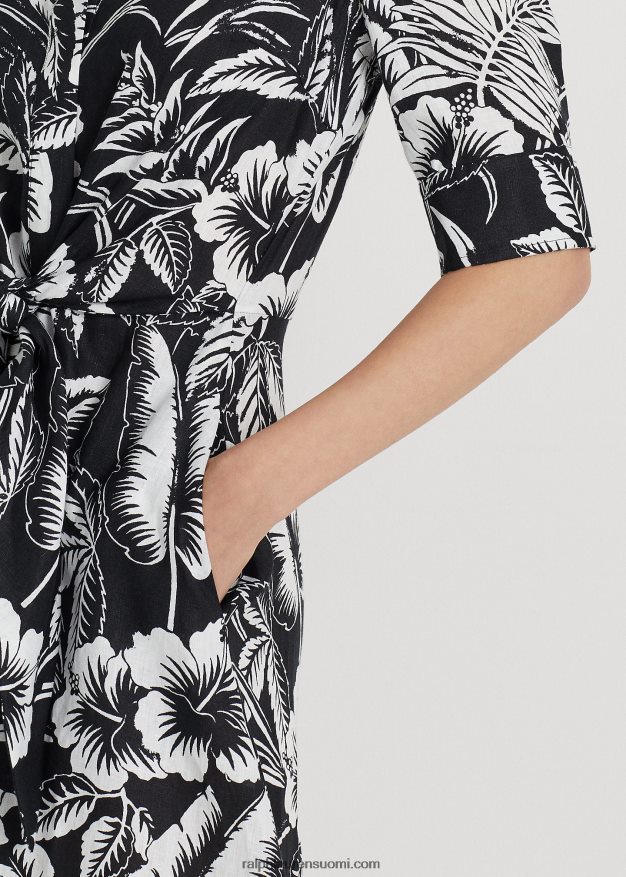 Ralph Lauren naiset kukkainen solmittava pellavapaitamekko 0Z24ZR3882 musta valkoinen