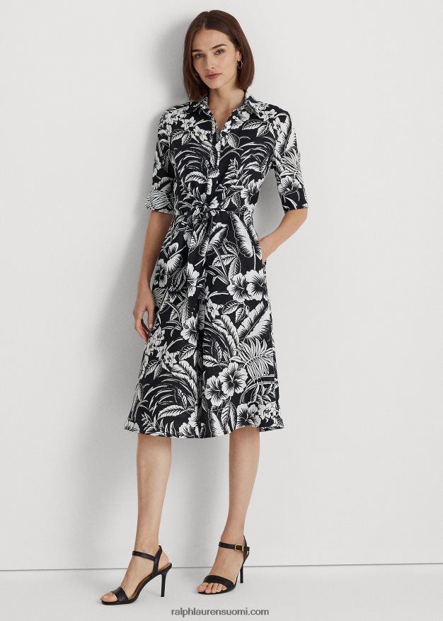 Ralph Lauren naiset kukkainen solmittava pellavapaitamekko 0Z24ZR4341 musta valkoinen