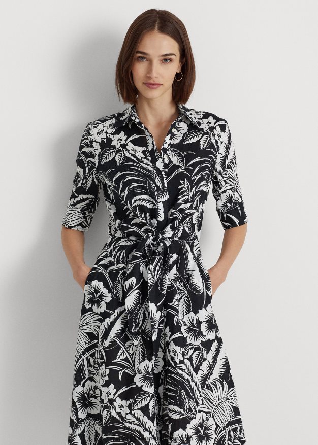 Ralph Lauren naiset kukkainen solmittava pellavapaitamekko 0Z24ZR4341 musta valkoinen