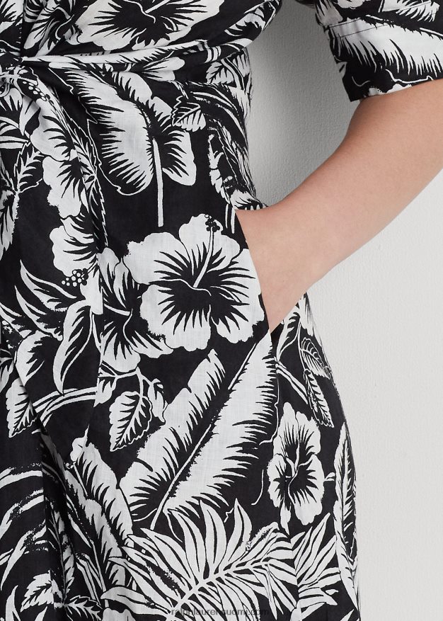 Ralph Lauren naiset kukkainen solmittava pellavapaitamekko 0Z24ZR4560 musta valkoinen