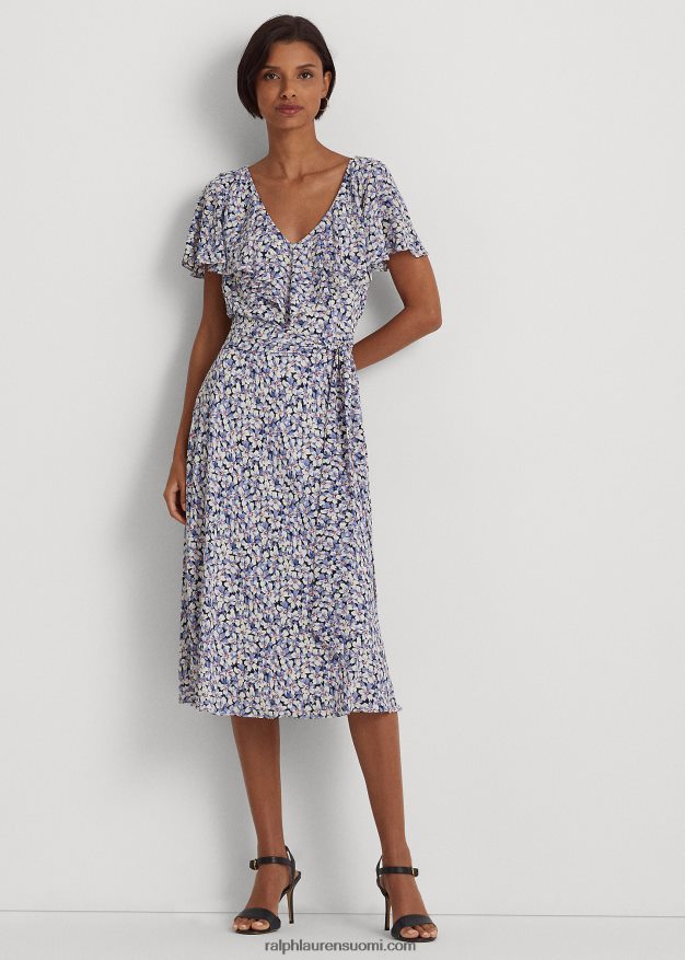 Ralph Lauren naiset kukkainen vyö kuplamekko 0Z24ZR4098 sininen/kerma/vaaleanpunainen