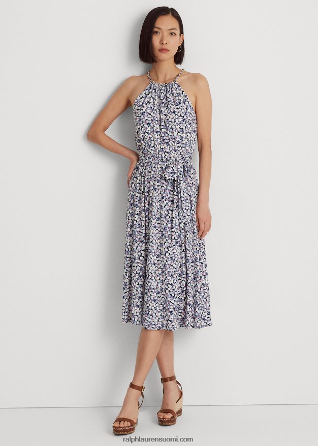 Ralph Lauren naiset kukkainen vyöllinen jersey-riimumekko 0Z24ZR4101 sininen/kerma/vaaleanpunainen