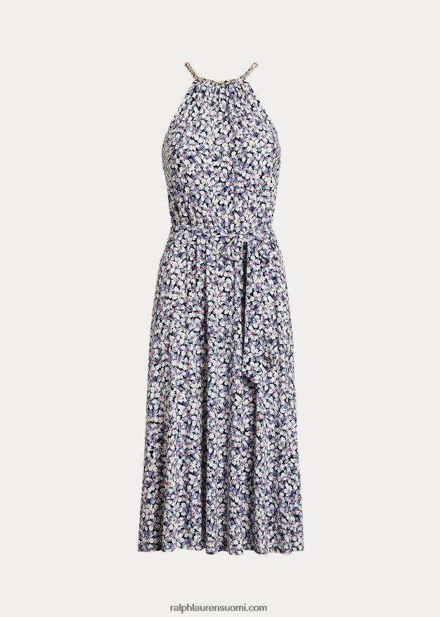 Ralph Lauren naiset kukkainen vyöllinen jersey-riimumekko 0Z24ZR4101 sininen/kerma/vaaleanpunainen