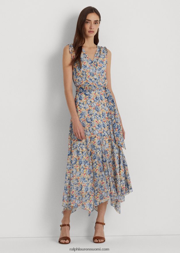 Ralph Lauren naiset kukkainen vyö ryppyinen Georgette mekko 0Z24ZR4103 sininen/vaaleanpunainen multi