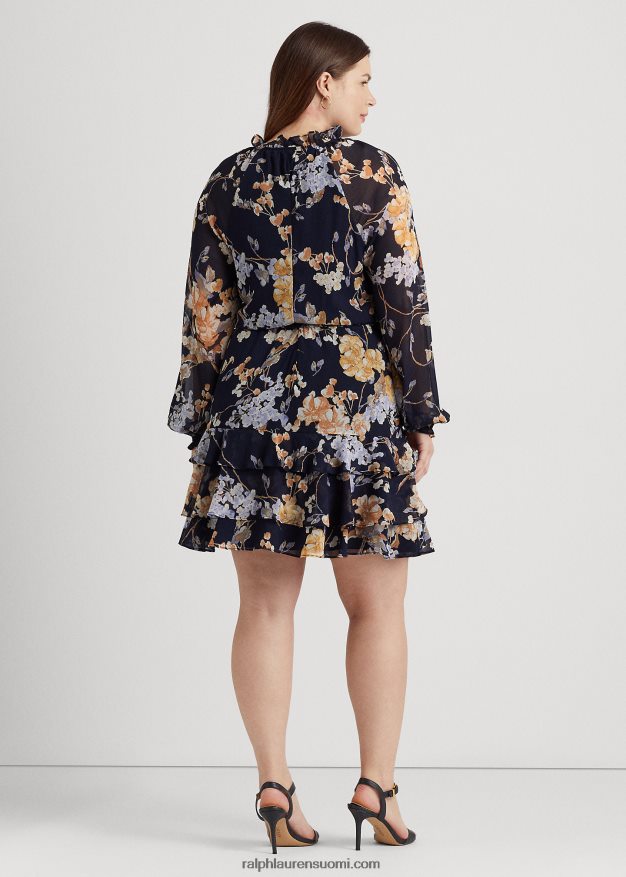 Ralph Lauren naiset kukkainen vyö ryppyinen Georgette mekko 0Z24ZR4670 laivasto multi