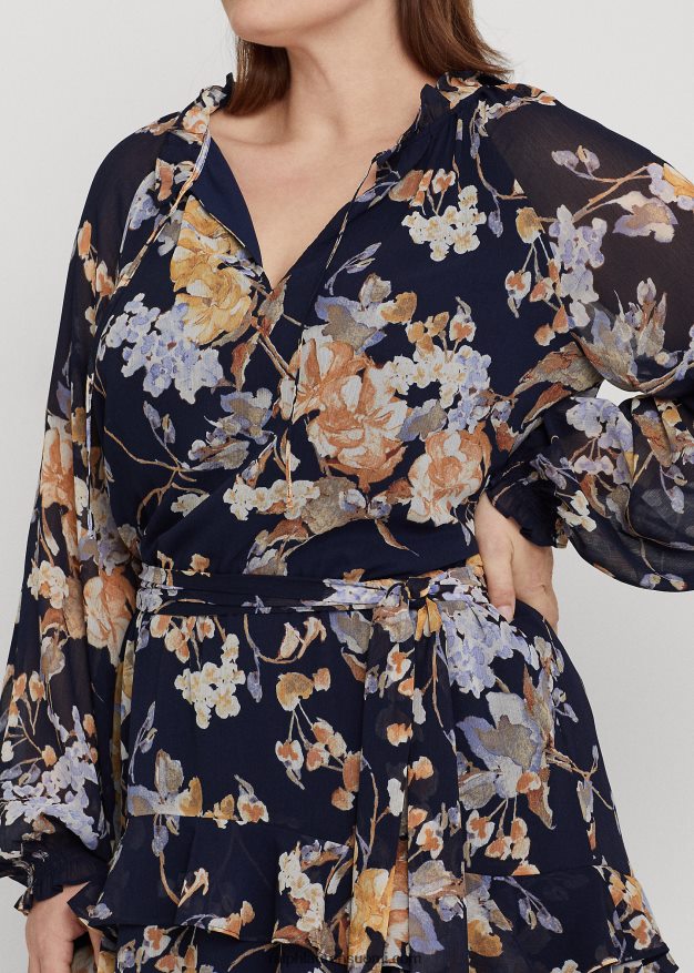 Ralph Lauren naiset kukkainen vyö ryppyinen Georgette mekko 0Z24ZR4670 laivasto multi