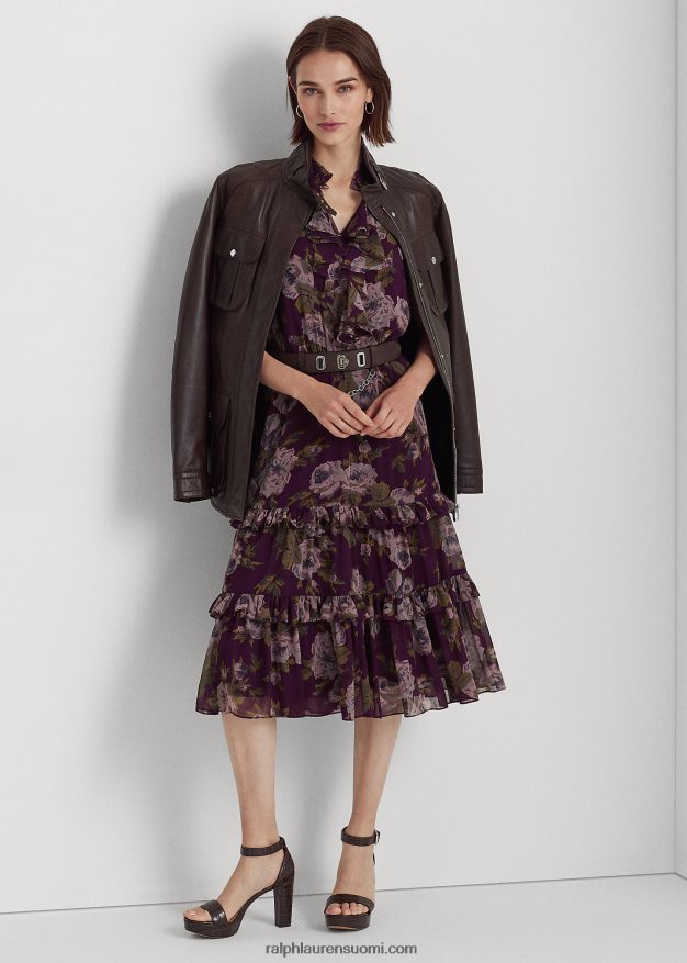 Ralph Lauren naiset kukkainen vyö ryppyinen Georgette mekko 0Z24ZR9588 violetti multi