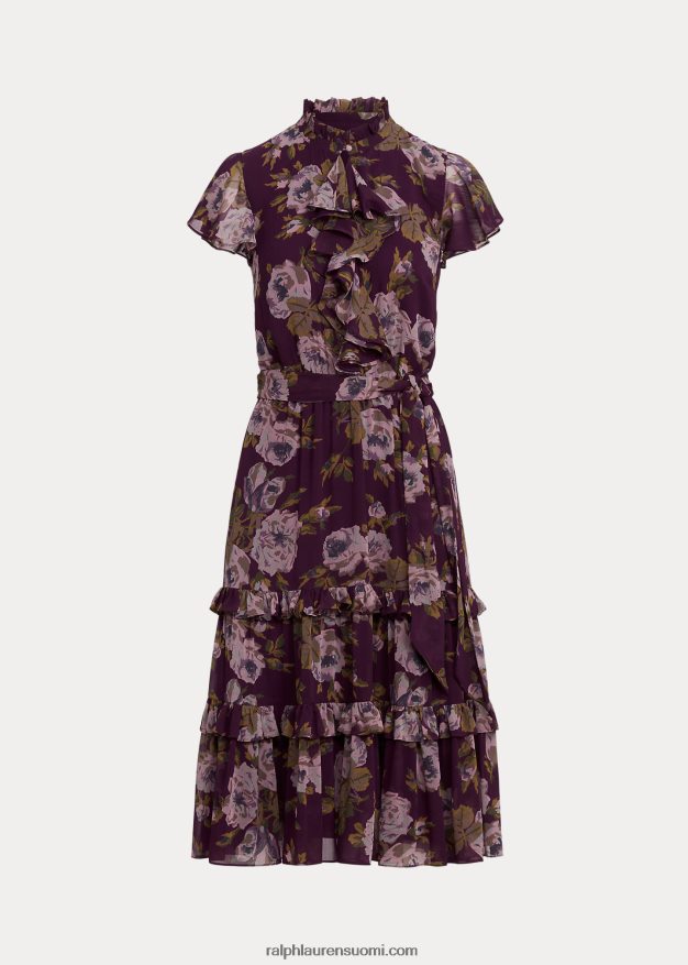 Ralph Lauren naiset kukkainen vyö ryppyinen Georgette mekko 0Z24ZR9588 violetti multi