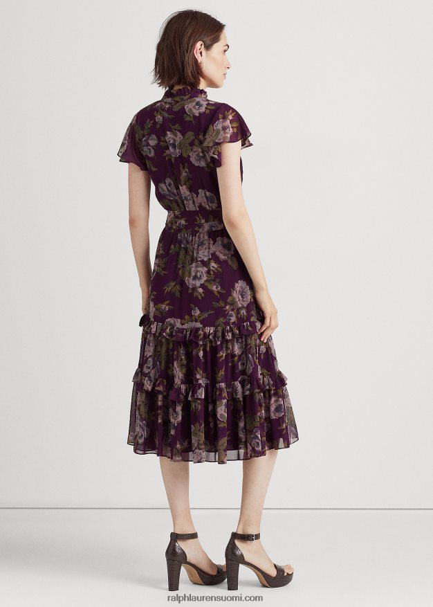 Ralph Lauren naiset kukkainen vyö ryppyinen Georgette mekko 0Z24ZR9588 violetti multi