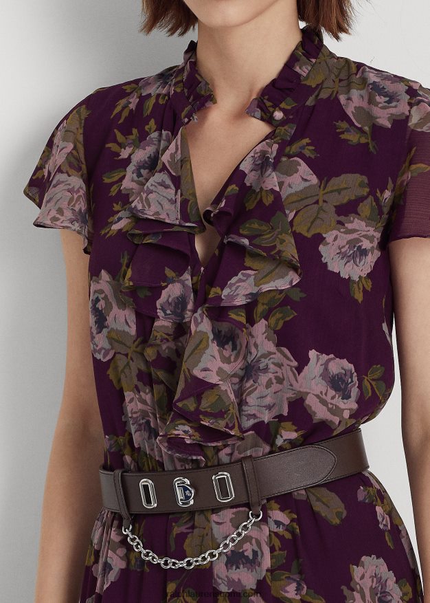 Ralph Lauren naiset kukkainen vyö ryppyinen Georgette mekko 0Z24ZR9588 violetti multi
