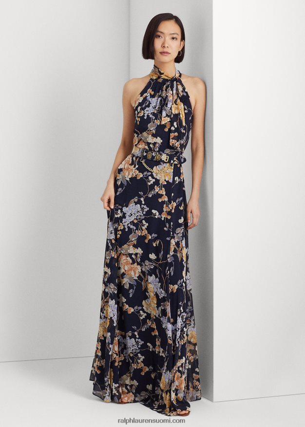 Ralph Lauren naiset kukkaistuva georgette riimupuku 0Z24ZR4079 laivasto multi