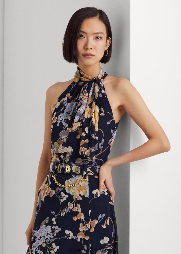 Ralph Lauren naiset kukkaistuva georgette riimupuku 0Z24ZR4079 laivasto multi