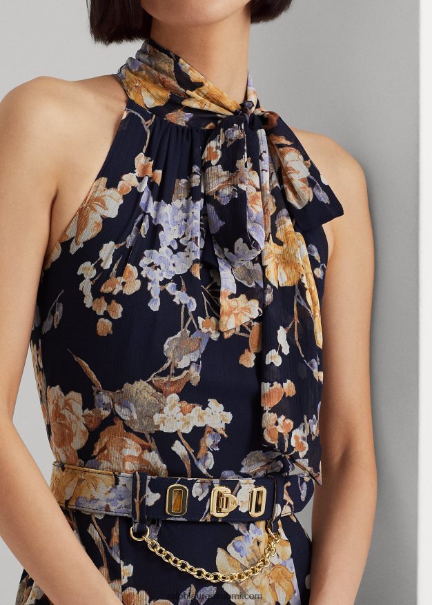 Ralph Lauren naiset kukkaistuva georgette riimupuku 0Z24ZR4079 laivasto multi