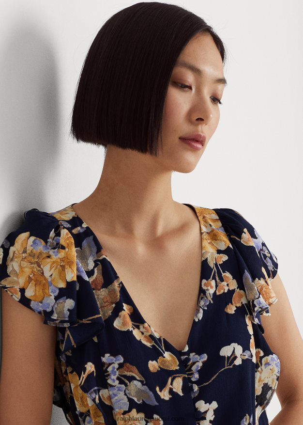 Ralph Lauren naiset kukkakuplakreppimekko 0Z24ZR4096 laivasto multi