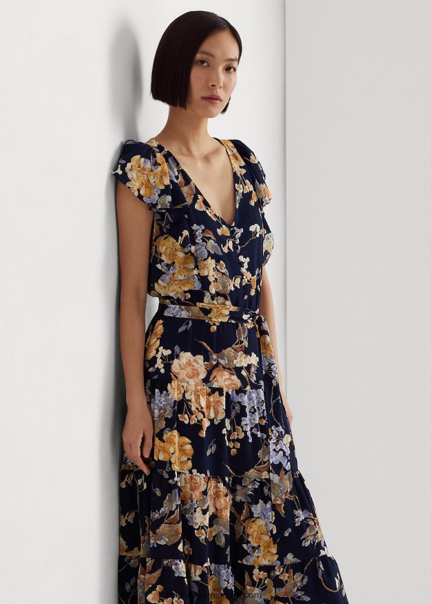 Ralph Lauren naiset kukkakuplakreppimekko 0Z24ZR4452 laivasto multi