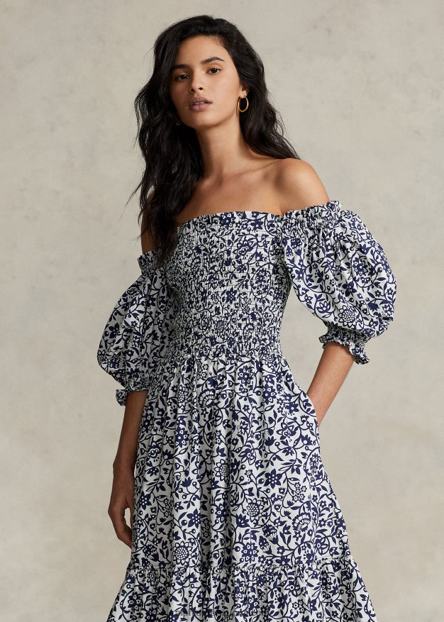 Ralph Lauren naiset kukkapuserohihainen puuvillamekko 0Z24ZR3071 muste kukkaprintti