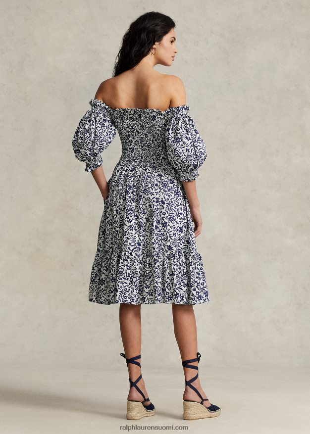 Ralph Lauren naiset kukkapuserohihainen puuvillamekko 0Z24ZR3071 muste kukkaprintti