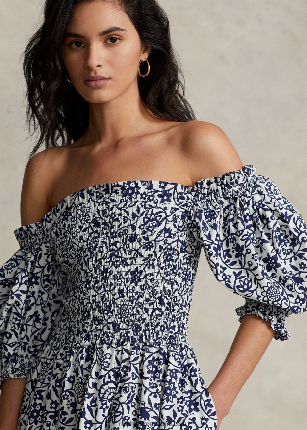 Ralph Lauren naiset kukkapuserohihainen puuvillamekko 0Z24ZR3071 muste kukkaprintti