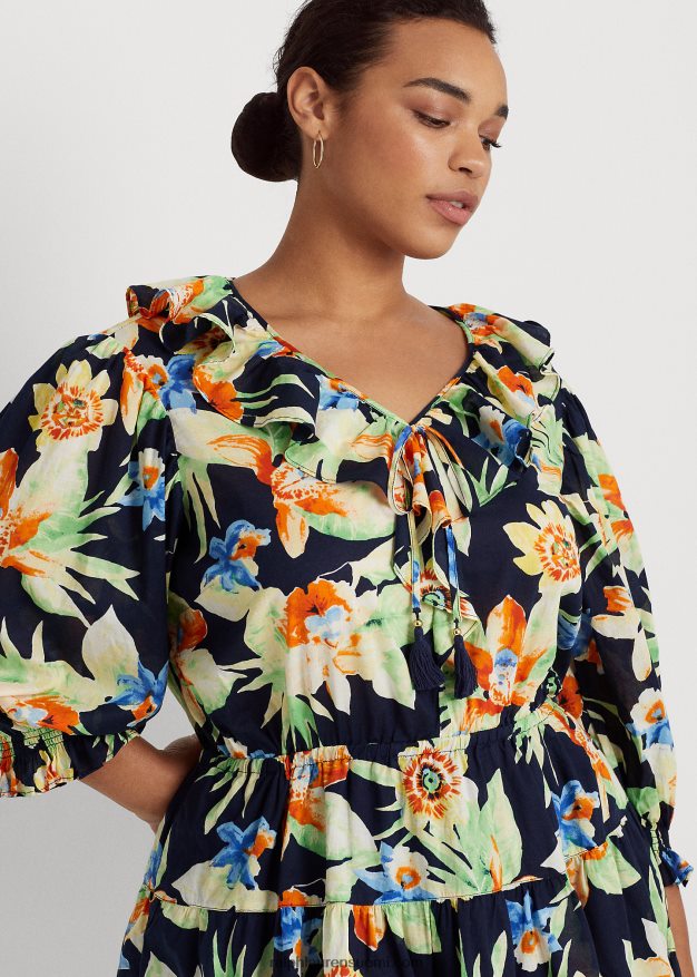 Ralph Lauren naiset kukkapuuvillainen voile-mekko 0Z24ZR4809 laivasto multi