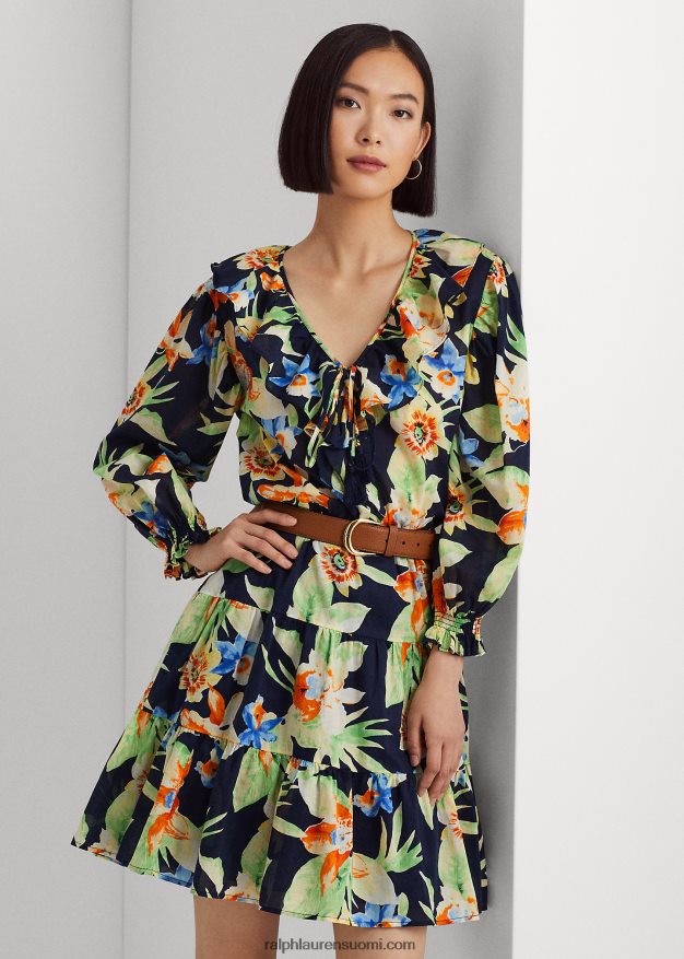 Ralph Lauren naiset kukkapuuvillainen voile-mekko 0Z24ZR4883 laivasto multi