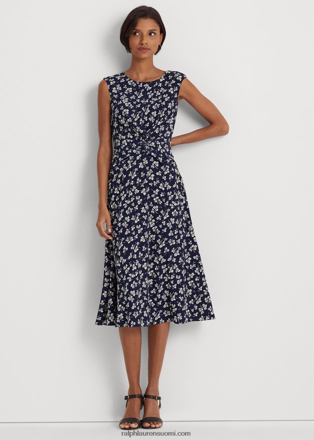 Ralph Lauren naiset lehtikuvioinen kierreetuinen kreppimekko 0Z24ZR4444 laivastonsininen/kerma